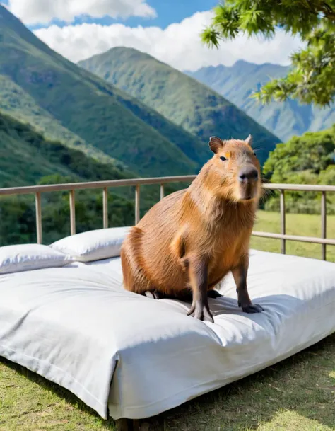 highres photo of a capybara <lora:capybara:1> on a bed outdoors