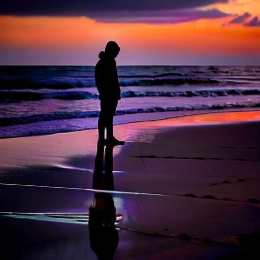 A solitary figure stands at the edge of a vast, empty beach under a cloudy, twilight sky. The beach stretches out endlessly on either side, with the soft, melancholic light of the setting sun casting long shadows on the sand. The figure is looking out towards the sea, their posture reflective and forlorn, suggesting deep contemplation or longing. They are the only sign of life in an otherwise desolate landscape, emphasizing the vastness around them and their isolation. The sea is calm, with gentle waves lapping at the shore, adding to the serene yet somber atmosphere. The color palette is dominated by cool blues and purples, with hints of the fading orange sun providing a contrast that highlights the loneliness of the scene