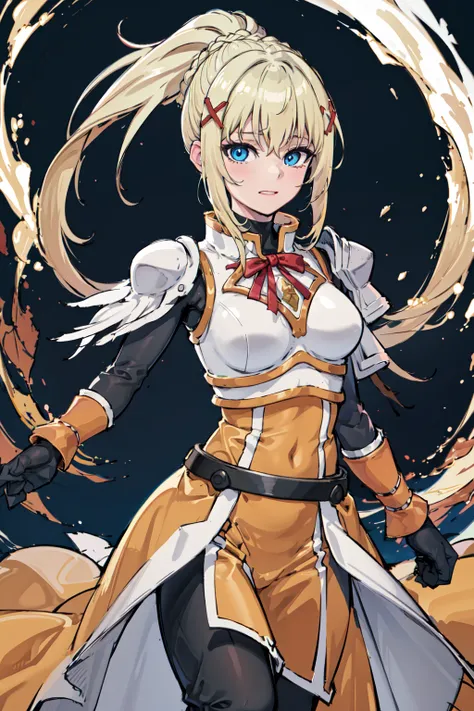 best quality, highres, 1girl, long hair, blonde hair, x hair ornament, armor, blue eyes, ponytail, hair ornament, gloves, shoulder armor, braid, black gloves, pauldrons, white boots, darkness \(konosuba\), large breasts, <lora:darkness (konosuba)_v1:0.6>, cowboy shot,