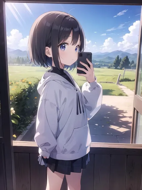 1girl, child, scenic background,light rays, (front body view), selfie, long sleeves,
spring, mountain,
