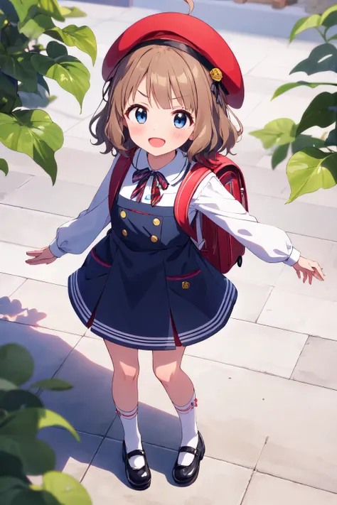 suou momoko, summer-es, white legwear, light brown hair, 1girl, looking at viewer, smile, open mouth, blue dress, hat, mary janes, blue eyes, blush, ahoge, pinafore dress, sleeveless, eyebrows visible through hair, socks, black dress, school uniform, striped bow, grey background, red bag, striped, beret, short hair, striped neckwear, holding strap, red headwear, :d, white shirt, full body, long sleeves, brown hair, v-shaped eyebrows, neck ribbon, sleeveless dress, backpack, white background, shoes, standing, randoseru, collared shirt, black footwear, es-mate, leaf, white socks, ribbon, solo, diagonal-striped neck ribbon, from above, tile floor, outdoors <lora:suou_momoko_locon_v1:0.7>