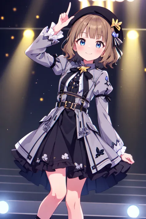 suou momoko, proud-of-stage, bowtie, grey dress, shoes, short hair, black bow, grey shirt, black footwear, hand up, wavy hair, black ribbon, blush, black neckwear, standing, feet out of frame, eyebrows visible through hair, 1girl, stage lights, outstretched arm, puffy sleeves, juliet sleeves, closed mouth, arm up, leg up, stage, blunt bangs, medium hair, striped bow, standing on one leg, foot out of frame, grey skirt, smile, looking at viewer, brown hair, blue eyes, grey headwear, index finger raised, long sleeves, grey jacket, long jacket, frilled jacket, collared jacket, print jacket, butterfly print, puffy long sleeves, black skirt, black neck ribbon, butterfly necklace, beret, black headwear, hat ornament, black hat ribbon, black belt, star hat ornament, chest harness, belt buckle <lora:suou_momoko_locon_v1:0.7>