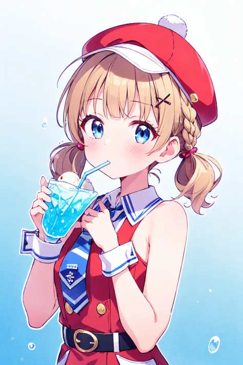 suou momoko, beyond generation, short hair, drinking straw in mouth, wing collar, wrist cuffs, drinking glass, blush, orange headwear, red headwear, x hair ornament, red dress, cherry, ice cube, brown hair, star hair ornament, upper body, drink, ice cream float, drinking straw, collared dress, medium hair, blonde hair, blue eyes, hair ornament, looking at viewer, striped neckwear, blue neckwear, collared shirt, hairclip, hands up, drinking, blunt bangs, holding drink, bare shoulders, vertical stripes, bubble, gradient background, 1girl, bare arms, white belt, blue background, holding cup, white outline, sleeveless dress, buttons, food, eyebrows visible through hair, sleeveless shirt, ice, cup, outline, fruit, ice cream, twintails, short necktie, short twintails, braid, solo, white collar, blue necktie, diagonal-striped necktie, cabbie hat <lora:suou_momoko_locon_v1:0.7>