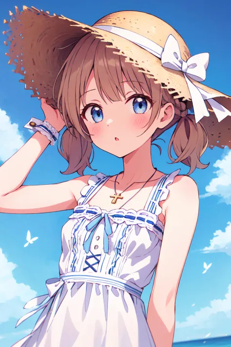 suou momoko, pure one-piece, bare arms, blue eyes, twintails, blush, bare shoulders, sleeveless, 1girl, white background, braid, frills, eyebrows visible through hair, white ribbon, upper body, hat bow, brown hair, blue ribbon, hand on own face, hat, :o, low twintails, blonde hair, white bow, ribbon trim, small breasts, long hair, hand in hair, light brown hair, jewelry, hand up, brown headwear, hat ribbon, straw hat, collarbone, sun hat, parted lips, looking at viewer, short hair, short twintails, ribbon-trimmed clothes, butterfly necklace, white dress, sleeveless dress, frilled dress, sundress, ribbon-trimmed dress, center frills, cross-laced clothes, wrist cuffs, outdoors, blue sky, cloud, <lora:suou_momoko_locon_v1:0.7>