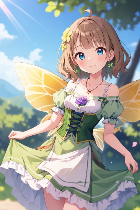 suou momoko, tales-of-fairyland, 1girl, blue eyes, hair ornament, smile, brown hair, hair flower, blush, jewelry, short hair, skirt hold, looking at viewer, necklace, outdoors, collarbone, sparkle, fairy wings, day, green dress, puffy sleeves, short sleeves, bare shoulders, tree, head tilt, closed mouth, blunt bangs, ahoge, puffy short sleeves, green flower, sunlight, frills, sky, fairy, dutch angle, medium hair, standing, german clothes, blue sky, corset, yellow flower, green skirt, detached sleeves, dirndl, wavy hair, butterfly wings, off shoulder, green rose, rose, light rays, black bow, off-shoulder dress, yellow wings, clover, frilled dress, sidelocks, cowboy shot, cross-laced clothes, four-leaf clover, blurry background, earrings, small breasts <lora:suou_momoko_locon_v1:0.7>