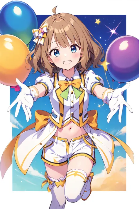 suou momoko, triangle circle, 1girl, smile, blue eyes, balloon, looking at viewer, brown hair, grin, idol, ahoge, blush, thighhighs, boots, short sleeves, white footwear, hair bow, idol clothes, v, single thighhigh, eyebrows visible through hair, navel, short hair, medium hair, frills, sparkle, white legwear, pointing, standing, orange bow, standing on one leg, clothing cutout, teeth, knee boots, outstretched arm, yellow bow, puffy sleeves, light brown hair, orange neckwear, foreshortening, white jacket, coattails, leg up, artist name, open mouth, clenched hand, white bow, wavy hair, asymmetrical legwear, navel cutout, uneven legwear, white shirt, collared shirt, puffy short sleeves, orange bowtie, green neckwear, yellow neckwear, back bow, hair ribbon, star hair ornament, white shorts, short shorts, white vest, white gloves <lora:suou_momoko_locon_v1:0.7>