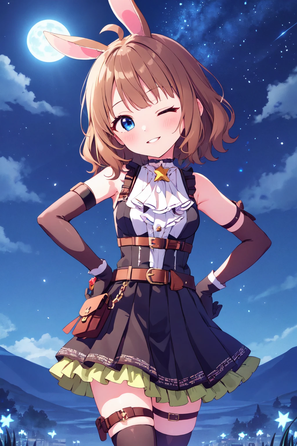 suou momoko, rabbit agent, 1girl, animal ears, one eye closed, blue eyes, thighhighs, moon, smile, brown hair, full moon, night, sky, looking at viewer, sleeveless, dated, short hair, bare shoulders, brown legwear, index finger raised, star \(sky\), ahoge, night sky, starry sky, parted lips, eyebrows visible through hair, blush, small breasts, hand on hip, black legwear, outdoors, helicopter, knee up, hand up, buckle, cloud, thigh strap, medium breasts, pouch, frills, asymmetrical legwear, lens flare, medium hair, head tilt, pleated dress, arm belt, rabbit ears, rabbit girl, black dress, sleeveless dress, frilled dress, white shirt, sleeveless shirt, detached sleeves, white ascot, white neckwear, black choker, black belt, brown belt, brown shoulder belt, belt buckle, layered skirt, black skirt, green skirt, pleated skirt, miniskirt, black gloves, elbow gloves <lora:suou_momoko_locon_v1:0.7>