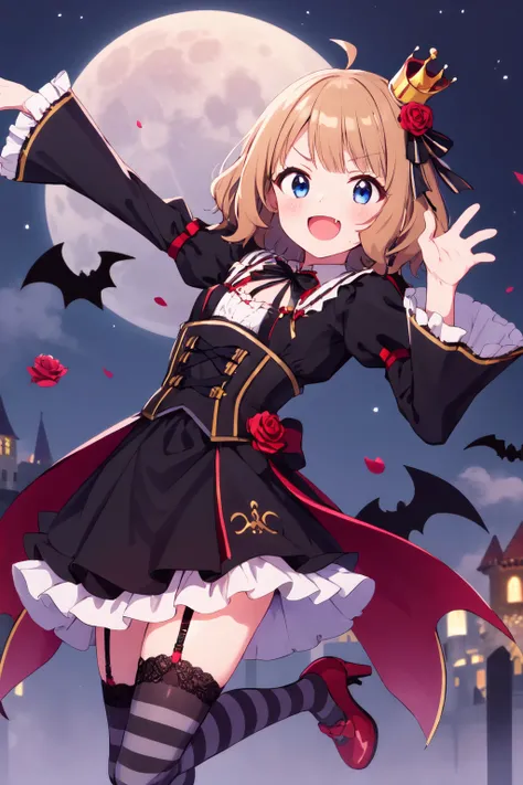 suou momoko, melty fang, full moon, garter straps, striped legwear, smile, black legwear, red flower, bat, hair ornament, vampire, silk, spider web, fang, blue eyes, night, grey background, brown hair, claw pose, pink flower, :d, castle, black jacket, light brown hair, moon, frilled sleeves, wide sleeves, sky, medium hair, v-shaped eyebrows, night sky, 1girl, eyebrows visible through hair, standing on one leg, small breasts, short hair, frills, pink rose, blonde hair, thighhighs, black bow, open mouth, looking at viewer, leg up, ahoge, red footwear, blush, standing, red rose, bare tree, shoes, long sleeves, high heels, outdoors, black dress, frilled dress, puffy long sleeves, juliet sleeves, checkered sash, red sash, black corset, striped clothes, mini crown, hair flower, tilted headwear, hair ribbon, black ribbon, striped ribbon, black neckwear, neck ribbon, neck flower, frilled skirt, layerd skirt, black skirt, red skirt <lora:suou_momoko_locon_v1:0.7>