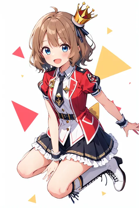 suou momoko, shinny trinity, 1girl, open mouth, blue eyes, smile, boots, brown hair, necktie, looking at viewer, :d, cross-laced footwear, black neckwear, white footwear, blue skirt, lace-up boots, wrist cuffs, short sleeves, short hair, mini crown, pleated skirt, knee boots, frills, puffy sleeves, frilled skirt, puffy short sleeves, short necktie, jacket, blush, white shirt, red jacket, print neckwear, collared shirt, aiguillette, hat, full body, knees together feet apart, triangle, red shirt, white background, miniskirt, wristband, wing collar, star hair ornament <lora:suou_momoko_locon_v1:0.7>