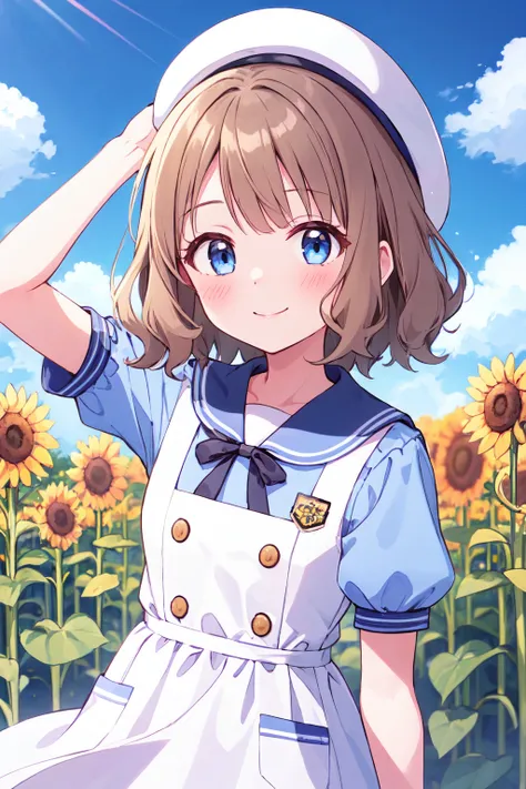 suou momoko, summer-es, blush, brown hair, black ribbon, blue eyes, eyebrows visible through hair, puffy sleeves, light brown hair, upper body, grey headwear, arm up, medium hair, looking at viewer, short sleeves, cowboy shot, wavy hair, white background, 1girl, short hair, closed mouth, smile, white dress, sailor dress, blue shirt, collared shirt, sailor collar, puffy short sleeves, beret, white headwear, sailor hat, neck ribbon, black neckwear, striped neckwear, buttons, blue sky, cloud, outdoors, flower field, sunflower <lora:suou_momoko_locon_v1:0.7>