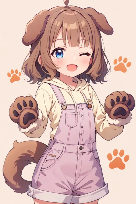suou momoko, wanwan wanderful, animal ears, one eye closed, 1girl, dog ears, blue eyes, open mouth, brown hair, animal hands, smile, dog tail, overalls, paw gloves, ahoge, looking at viewer, ;d, hood, overall shorts, eyebrows visible through hair, dog girl, paw print, short hair, long sleeves, hoodie, blush, hood down, cowboy shot, drawstring, dog paws, hands up, wavy hair, two-tone background, yellow background, blunt bangs, paw print background, medium hair, standing, brown gloves, dog costume, outstretched arms, pocket, child, brown background, fur-trimmed gloves, suspenders, bone print <lora:suou_momoko_locon_v1:0.7>