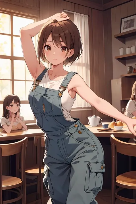 (masterpiece, best quality), female twenty-something, ripped, gypsies, brown eyes, fleshy nose, smooth cheeks, pear face shape, well-toned calf muscles, , auburn textured haircut hair, contentment wearing cargo overalls, one-shoulder top, , stretching pose, stretching the body with arms raised, showing off natural grace and poise, soft lighting, gentle, diffused light that wraps the characters in a warm and dreamy glow, a cheerful café, with the aroma of freshly brewed coffee and friendly conversation