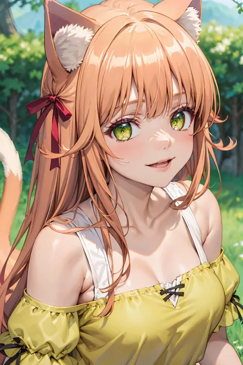 best quality, masterpiece, portrait, close up,
kanade, cat girl, cat ears, light brown hair, very long hair, green eyes, medium breasts, off shoulder shirt, puffy short sleeves, red bow, skirt, cat tail
outdoors, looking at viewer, smile
<lora:Kizuki - Beast Tamer - Kanade:0.9>