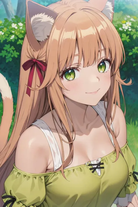 best quality, masterpiece, portrait, close up,
kanade,  cat girl, cat ears, light brown hair, very long hair, green eyes, medium breasts, off shoulder shirt, puffy short sleeves, red bow, skirt, cat tail
outdoors, looking at viewer, smile
<lora:Kizuki - Beast Tamer - Kanade:0.9>