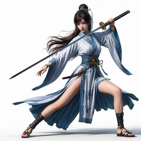 nvjianke,1girl,weapon,solo,sword,long hair,fighting stance,holding,sheath,hair bun,single hair bun,holding weapon,white background,wide sleeves,holding sword,simple background,full body,sandals,hair ornament,katana,sash,standing,long sleeves,hair stick,brown hair,black hair,
Best quality,masterpiece,ultra high res,<lora:20240302-1709360688211-0020:0.7>,