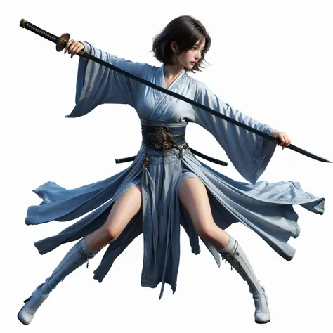 nvjianke,1girl,solo,weapon,sword,boots,white background,holding,japanese clothes,knee boots,sash,wide sleeves,holding weapon,simple background,full body,holding sword,black hair,short hair,kimono,fighting stance,obi,shorts,sheath,katana,gloves,long sleeves,white kimono,standing,
Best quality,masterpiece,ultra high res,<lora:20240302-1709360688211-0020:0.7>,