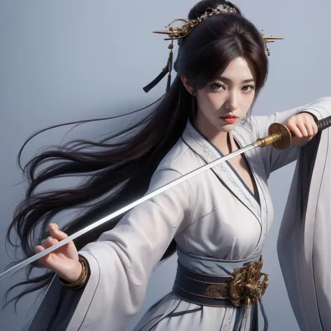 nvjianke,1girl,weapon,sword,solo,long hair,holding,hair ornament,jewelry,earrings,holding weapon,sash,brown hair,wide sleeves,holding sword,brown eyes,upper body,long sleeves,chinese clothes,closed mouth,looking to the side,hair bun,realistic,looking away,hanfu,
Best quality,masterpiece,ultra high res,<lora:20240301-1709278215417-0020:0.7>,