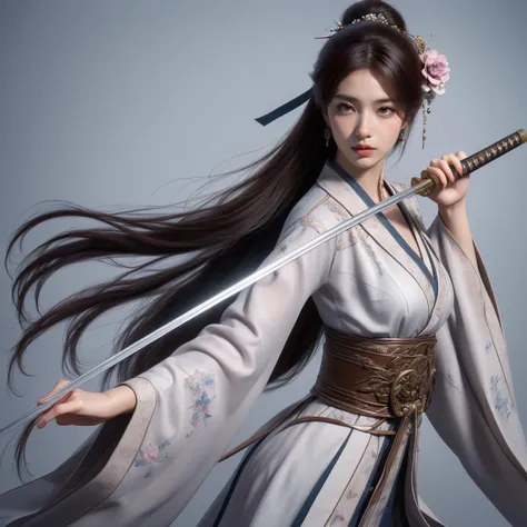 nvjianke,1girl,weapon,sword,solo,hair ornament,long hair,jewelry,holding,earrings,holding weapon,white background,holding sword,wide sleeves,simple background,sash,brown hair,brown eyes,chinese clothes,flower,hair bun,belt,long sleeves,hair flower,single hair bun,standing,sheath,
Best quality,masterpiece,ultra high res,<lora:20240301-1709278215417-0020:0.7>,