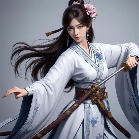 nvjianke, 1girl, weapon, sword, hair ornament, long hair, solo, holding, flower, holding weapon, holding sword, sash, hair flower, facial mark, jewelry, hair bun, forehead mark, brown hair, black hair, chinese clothes, tassel, wide sleeves, long sleeves, closed mouth,
Best quality,masterpiece,ultra high res,<lora:20240301-1709278215417-0020:0.7>,