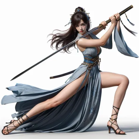nvjianke,1girl,weapon,sword,solo,long hair,jewelry,holding,holding weapon,earrings,holding sword,breasts,hair ornament,sash,high heels,full body,brown hair,sheath,tassel,wide sleeves,white background,brown eyes,cleavage,necklace,medium breasts,fighting stance,simple background,long sleeves,katana,tattoo,bangs,dress,one knee,
Best quality,masterpiece,ultra high res,<lora:20240302-1709360688211-0020:0.7>,