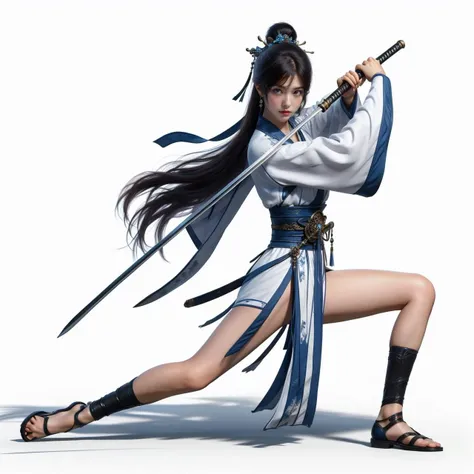 nvjianke,1girl,weapon,solo,sword,long hair,hair ornament,holding,holding weapon,black hair,thighhighs,white background,full body,holding sword,sash,jewelry,long sleeves,wide sleeves,fighting stance,earrings,simple background,tassel,looking at viewer,hair bun,closed mouth,chinese clothes,hair between eyes,
Best quality,masterpiece,ultra high res,<lora:20240302-1709360688211-0020:0.7>,