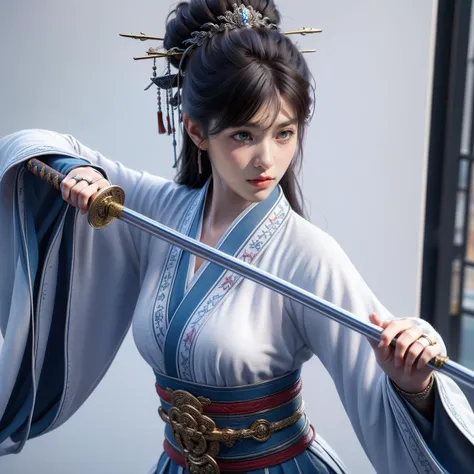 nvjianke, 1girl, weapon, sword, jewelry, solo, hair ornament, holding, long hair, ring, earrings, holding weapon, black hair, holding sword, wide sleeves, hair stick, sash, long sleeves, chinese clothes, closed mouth, sheath, realistic, looking away, looking to the side, lips, tassel,
Best quality,masterpiece,ultra high res,<lora:20240302-1709360688211-0020:0.7>,