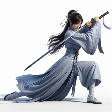 nvjianke, 1girl, weapon, solo, sword, holding, long hair, holding weapon, holding sword, white background, brown hair, sheath, long sleeves, wide sleeves, one knee, full body, hair ornament, unsheathing, jewelry, earrings, simple background, brown eyes, sash, fighting stance, closed mouth, boots, pants, tassel, hanfu, chinese clothes, bangs,
Best quality,masterpiece,ultra high res,<lora:20240302-1709360688211-0020:0.7>,