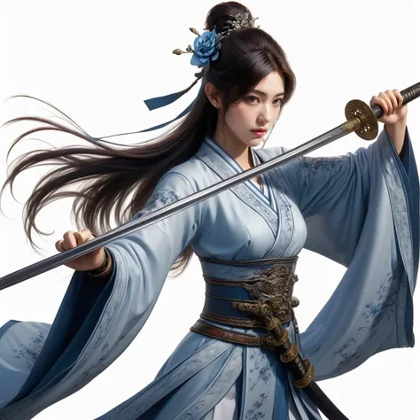 nvjianke,1girl,weapon,solo,sword,holding,jewelry,hair ornament,long hair,earrings,holding weapon,white background,sheath,holding sword,wide sleeves,flower,simple background,brown hair,long sleeves,sash,tassel,ponytail,blue flower,brown eyes,looking away,hair flower,blue rose,chinese clothes,looking to the side,cowboy shot,single hair bun,lips,rose,hair stick,hair bun,unsheathing,
Best quality,masterpiece,ultra high res,<lora:20240301-1709278215417-0020:0.7>,