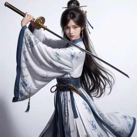 nvjianke, 1girl, weapon, sword, solo, jewelry, holding, long hair, white background, hair ornament, earrings, holding weapon, chinese clothes, holding sword, simple background, black hair, sash, hair bun, long sleeves, closed mouth, tassel, looking to the side, upper body, wide sleeves,
Best quality,masterpiece,ultra high res,<lora:20240301-1709278215417-0020:0.7>,