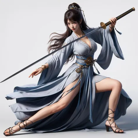 nvjianke,1girl,weapon,sword,solo,long hair,jewelry,holding,holding weapon,earrings,holding sword,breasts,hair ornament,sash,high heels,full body,brown hair,sheath,tassel,wide sleeves,white background,brown eyes,cleavage,necklace,medium breasts,fighting stance,simple background,long sleeves,katana,tattoo,bangs,dress,one knee,
Best quality,masterpiece,ultra high res,<lora:20240302-1709360688211-0020:0.7>,