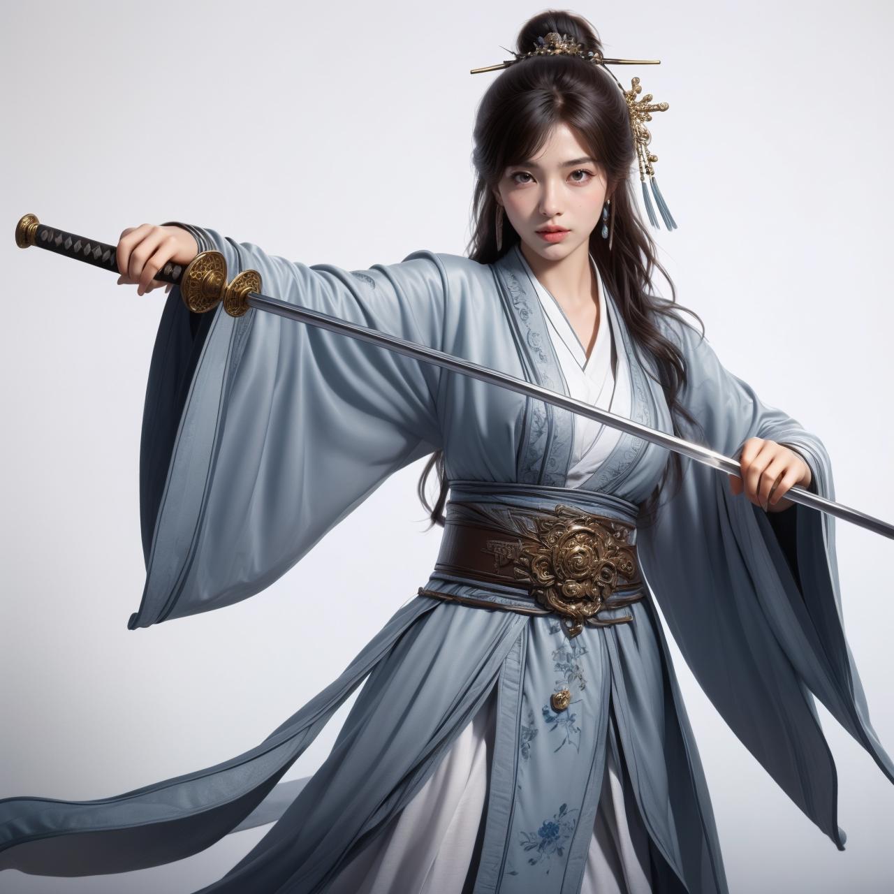 A woman in a blue dress holding a sword and a sword - SeaArt AI