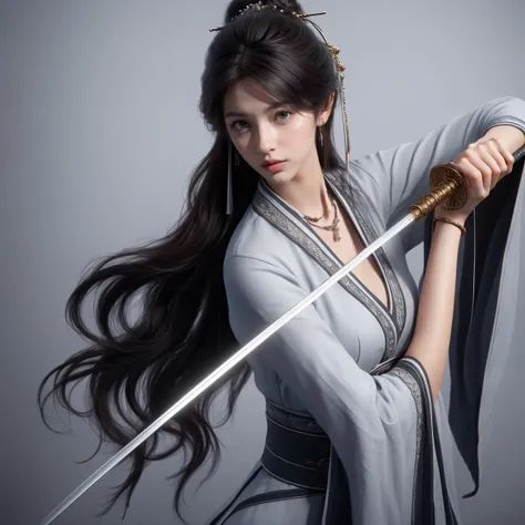 nvjianke,1girl,weapon,solo,sword,jewelry,earrings,hair ornament,holding,long hair,holding weapon,realistic,wide sleeves,black hair,holding sword,chinese clothes,long sleeves,hanfu,sash,closed mouth,hair stick,looking away,looking to the side,grey background,bangs,upper body,necklace,
Best quality,masterpiece,ultra high res,<lora:20240301-1709278215417-0020:0.7>,