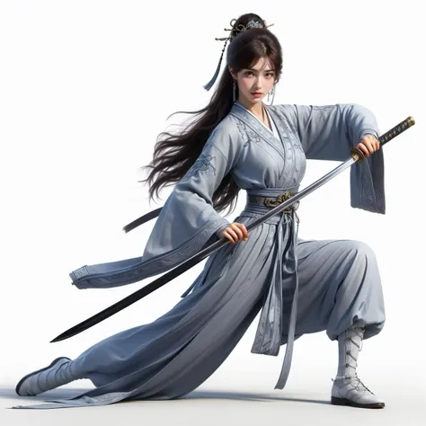 nvjianke, 1girl, weapon, solo, sword, holding, long hair, holding weapon, holding sword, white background, brown hair, sheath, long sleeves, wide sleeves, one knee, full body, hair ornament, unsheathing, jewelry, earrings, simple background, brown eyes, sash, fighting stance, closed mouth, boots, pants, tassel, hanfu, chinese clothes, bangs,
Best quality,masterpiece,ultra high res,<lora:20240302-1709360688211-0020:0.7>,