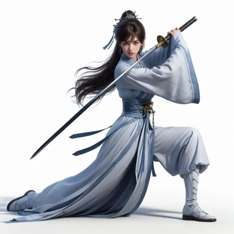 nvjianke, 1girl, weapon, solo, sword, holding, long hair, holding weapon, holding sword, white background, brown hair, sheath, long sleeves, wide sleeves, one knee, full body, hair ornament, unsheathing, jewelry, earrings, simple background, brown eyes, sash, fighting stance, closed mouth, boots, pants, tassel, hanfu, chinese clothes, bangs,
Best quality,masterpiece,ultra high res,<lora:20240302-1709360688211-0020:0.7>,