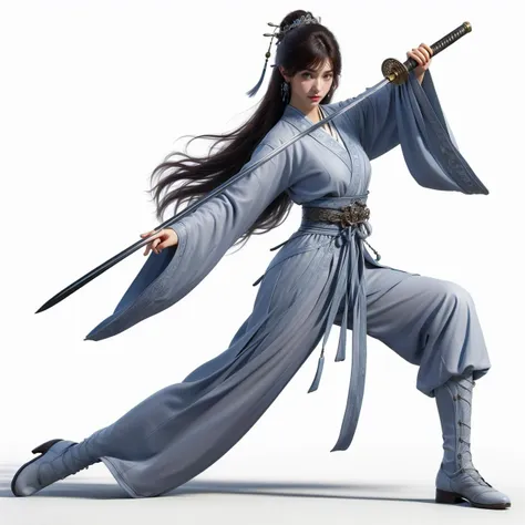 nvjianke, 1girl, weapon, solo, sword, holding, long hair, holding weapon, holding sword, white background, brown hair, sheath, long sleeves, wide sleeves, one knee, full body, hair ornament, unsheathing, jewelry, earrings, simple background, brown eyes, sash, fighting stance, closed mouth, boots, pants, tassel, hanfu, chinese clothes, bangs,
Best quality,masterpiece,ultra high res,<lora:20240302-1709360688211-0020:0.7>,