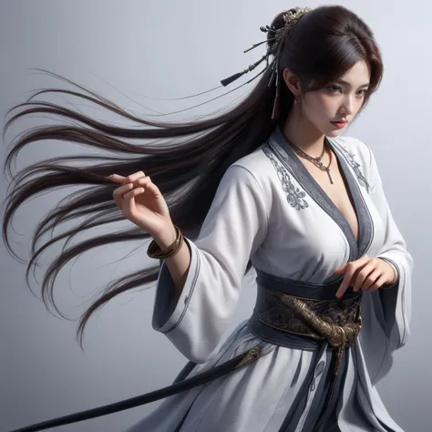 nvjianke,1girl,weapon,sword,solo,jewelry,long hair,hair ornament,holding,holding weapon,holding sword,wide sleeves,necklace,chinese clothes,realistic,brown eyes,breasts,simple background,earrings,grey background,choker,long sleeves,hair stick,bracelet,cleavage,closed mouth,medium breasts,black hair,lips,looking at viewer,brown hair,
Best quality,masterpiece,ultra high res,<lora:20240301-1709278215417-0020:0.7>,