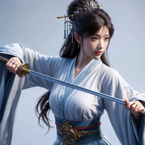 nvjianke, 1girl, weapon, sword, jewelry, solo, hair ornament, holding, long hair, ring, earrings, holding weapon, black hair, holding sword, wide sleeves, hair stick, sash, long sleeves, chinese clothes, closed mouth, sheath, realistic, looking away, looking to the side, lips, tassel,
Best quality,masterpiece,ultra high res,<lora:20240302-1709360688211-0020:0.7>,