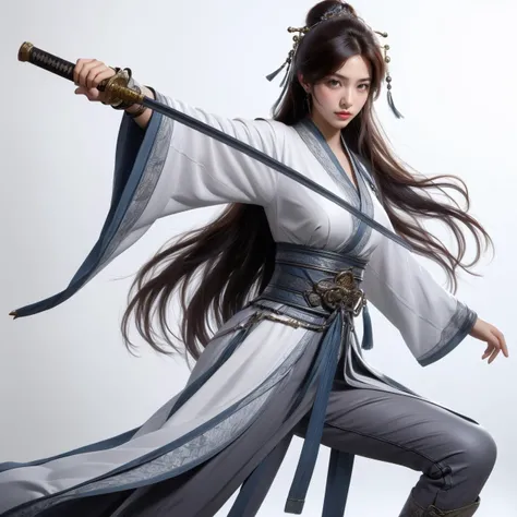 nvjianke,1girl,weapon,solo,sword,long hair,hair ornament,black hair,holding,holding weapon,hair stick,chinese clothes,holding sword,long sleeves,jewelry,wide sleeves,tassel,sash,fighting stance,single hair bun,hair bun,earrings,closed mouth,simple background,boots,looking away,bangs,
Best quality,masterpiece,ultra high res,<lora:20240301-1709278215417-0020:0.7>,