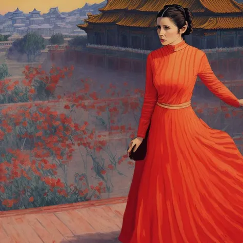 lvngvncnt , Princess Leia Organa in her red dress, forbidden city, sunset, standing