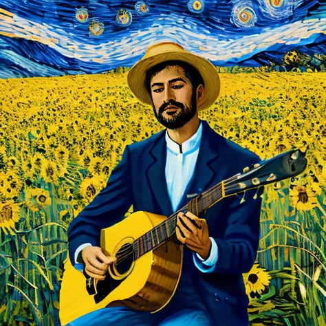 a panting of a skilled folk guitarist immersed in the serene beauty of a tall sunflower grass field, musical passion, and harmonious connection with nature , starry night, lvngvncnt