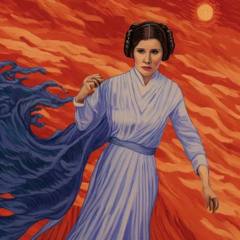 lvngvncnt ,Princess Leia Organa , red dress, standing alone, inside the Forbidden City, sunset, dragon in the sky