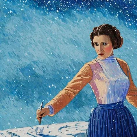 lvngvncnt , Princess Leia Organa in her turquoise dress in the alps, chalet background, snow weather