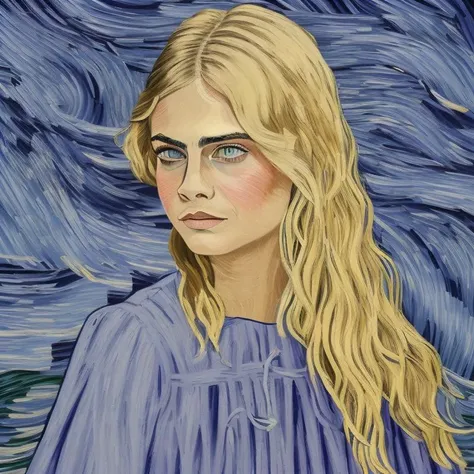 lvngvncnt, Cara Delevingne wears purple dress, Long and blonde hairs