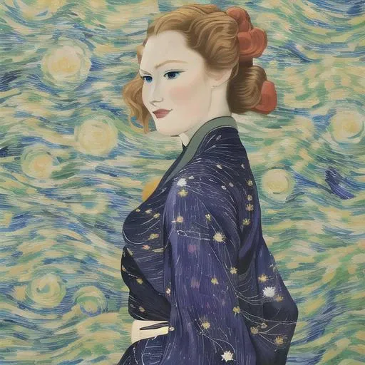 lvngvncnt, Oil painting of a (young woman:1.2), (mid-20s:1.1), with (long wavy red hair:1.3), adorned with a (silver hairpin:1.1) shaped like a (butterfly:1.1). She has (sparkling green eyes:1.4) and a (gentle smile:1.2) on her face. She wears a (silk kimono:1.3) in (vibrant shades of blue and purple:1.4), featuring (intricate floral patterns:1.2) and a (wide obi belt:1.1) in (gold:1.1). She stands in a (lush garden:1.4), with a (babbling brook:1.3) nearby and a (starry night sky:1.5) above. Her (pose:1.2) is graceful, one hand holding the folds of her kimono while the other gently touches a (cherry blossom:1.1) on a nearby branch. The scene evokes a sense of (elegance:1.6) and (tranquility:1.4)