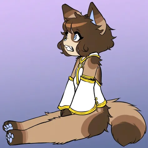 brown fur, arms at sides, sitting, detached sleeves, own hands together, full body, furry female, furrification, shiny, body fur, animal ears, pawpads, teeth