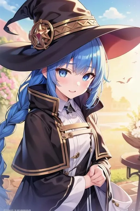 (best quality), (masterpiece), ((beautiful:0.75) cute girl:0.75), [clear and clean] pixiv (illustration), (roxy migurdia), blue eyes, blue hair, bangs, brown cape, witch hat, braid, <lora:Roxy:1>