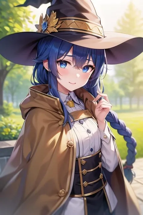 (best quality), (masterpiece), ((beautiful:0.75) cute girl:0.75), [clear and clean] pixiv (illustration), (roxy migurdia), blue eyes, blue hair, bangs, brown cape, witch hat, braid, <lora:Roxy:0.9>