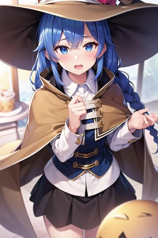 (best quality), (masterpiece), ((beautiful:0.75) cute girl:0.75), [clear and clean] pixiv (illustration), (roxy migurdia:1.25), blue eyes, blue hair, bangs, brown cape, witch hat, braid,  <lora:RoxyUltraHD:0.9>