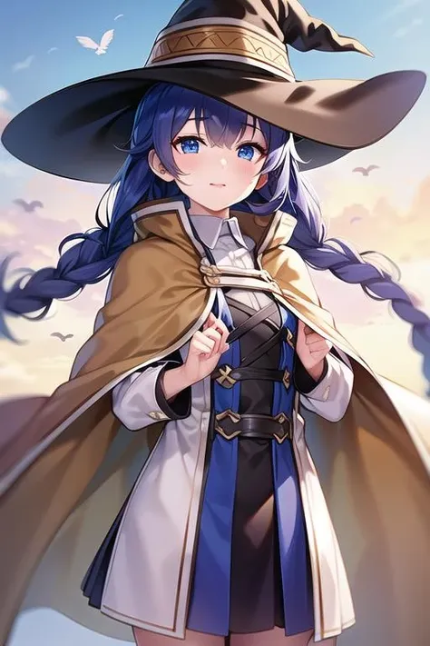 (best quality), (masterpiece), ((beautiful:0.75) cute girl:0.75), [clear and clean] pixiv (illustration), roxy migurdia, blue eyes, blue hair, bangs, brown cape, witch hat, braid,  <lora:RoxyUltraHD:1>