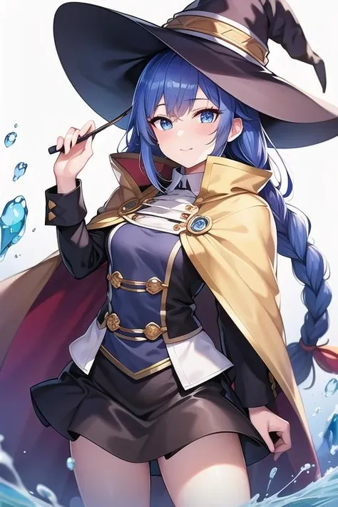 (best quality), (masterpiece), ((beautiful:0.75) cute girl:0.75), [clear and clean] pixiv (illustration), roxy migurdia, blue eyes, blue hair, bangs, brown cape, witch hat, braid,  <lora:Roxy:0.9>